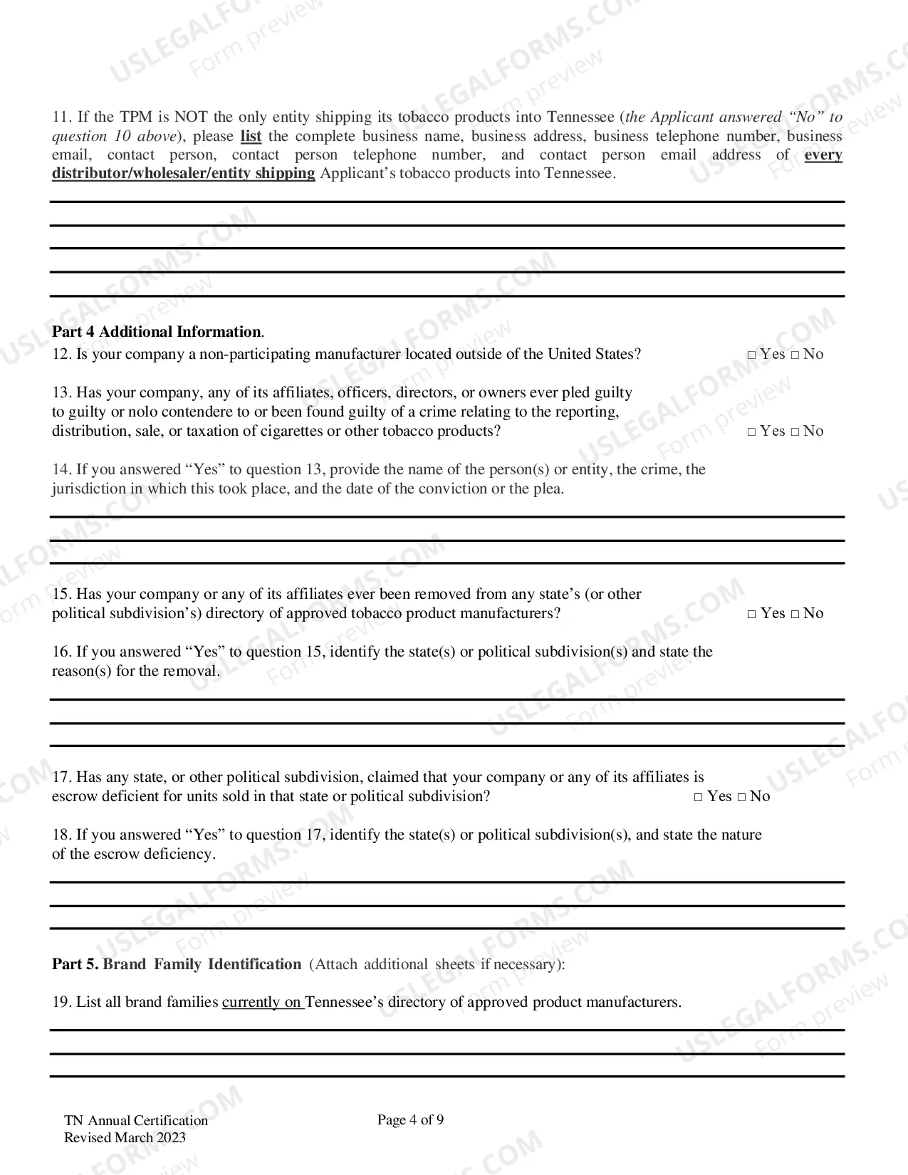 Preview Annual Certification Form for Listing on Tennessee's Directory