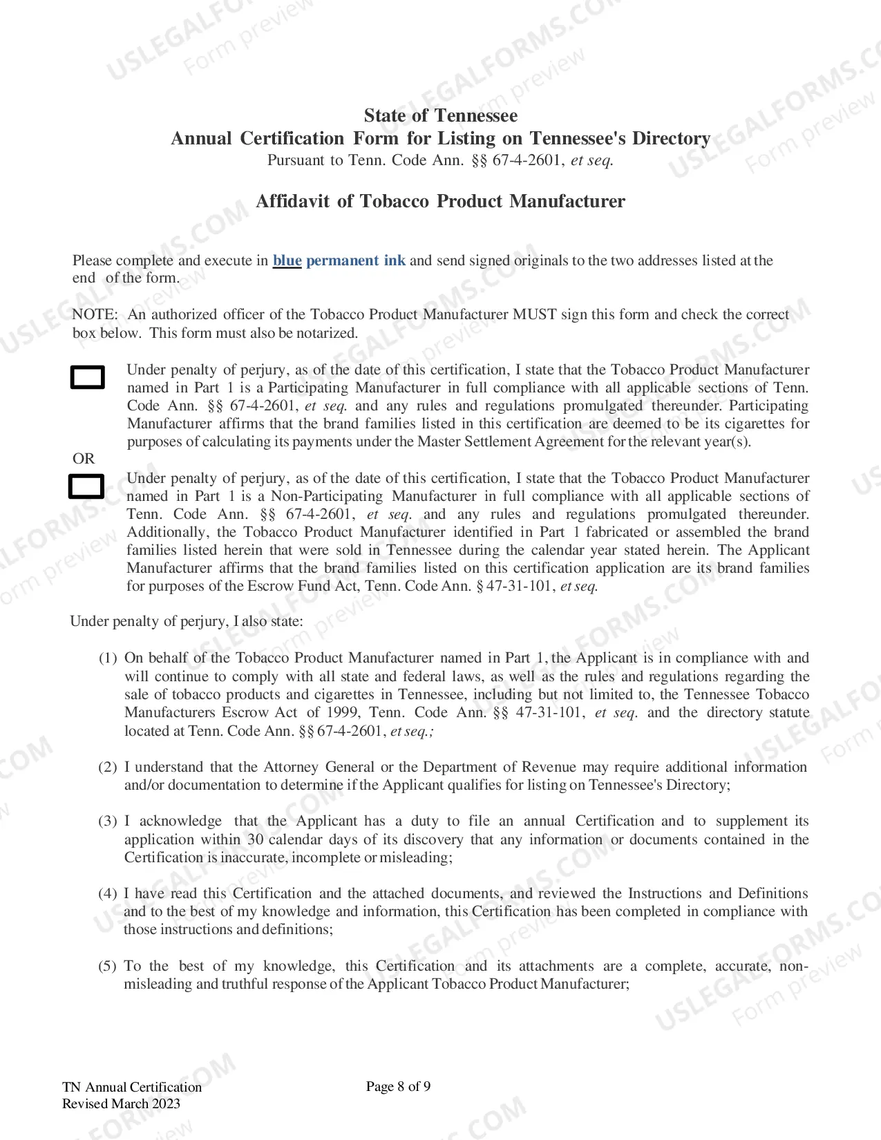 Preview Annual Certification Form for Listing on Tennessee's Directory
