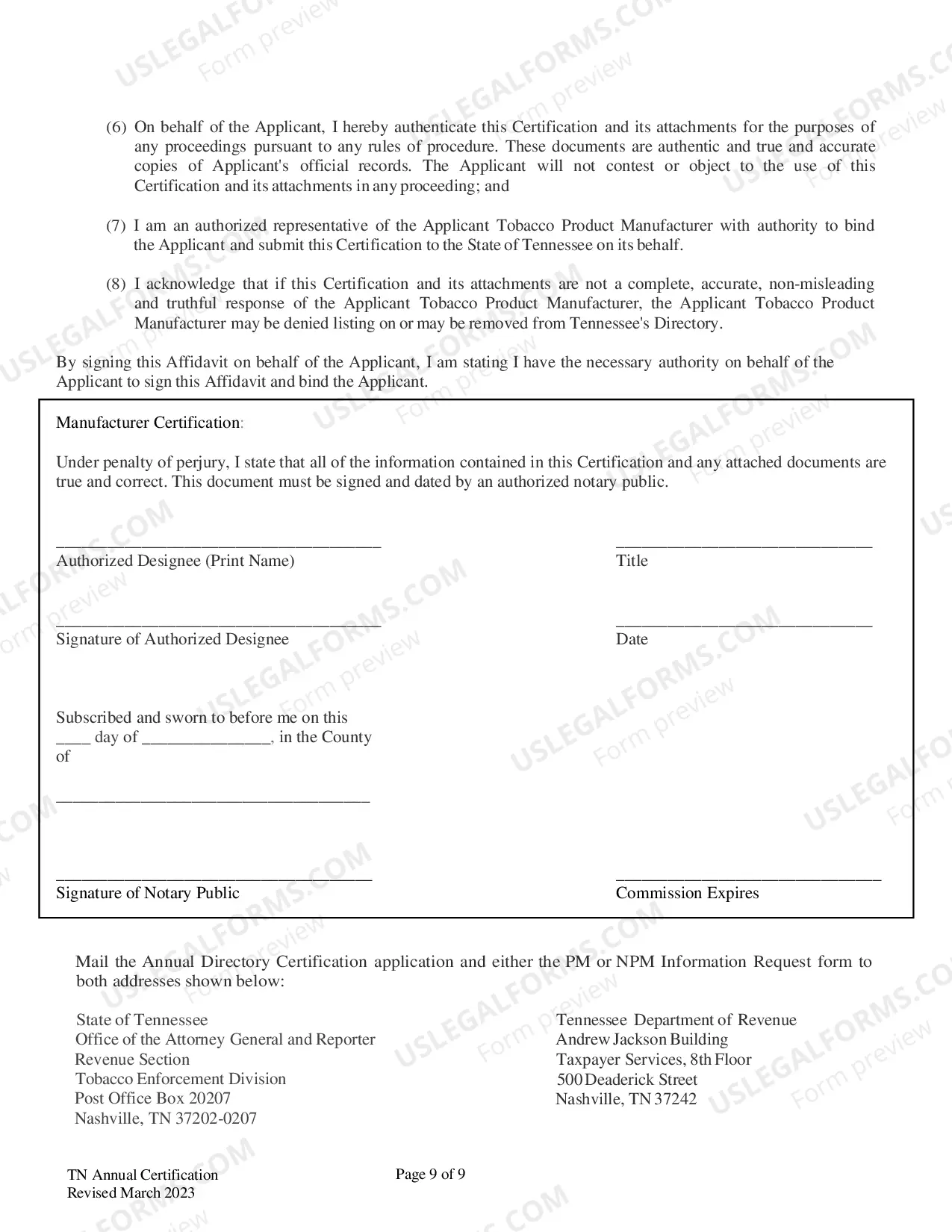 Preview Annual Certification Form for Listing on Tennessee's Directory