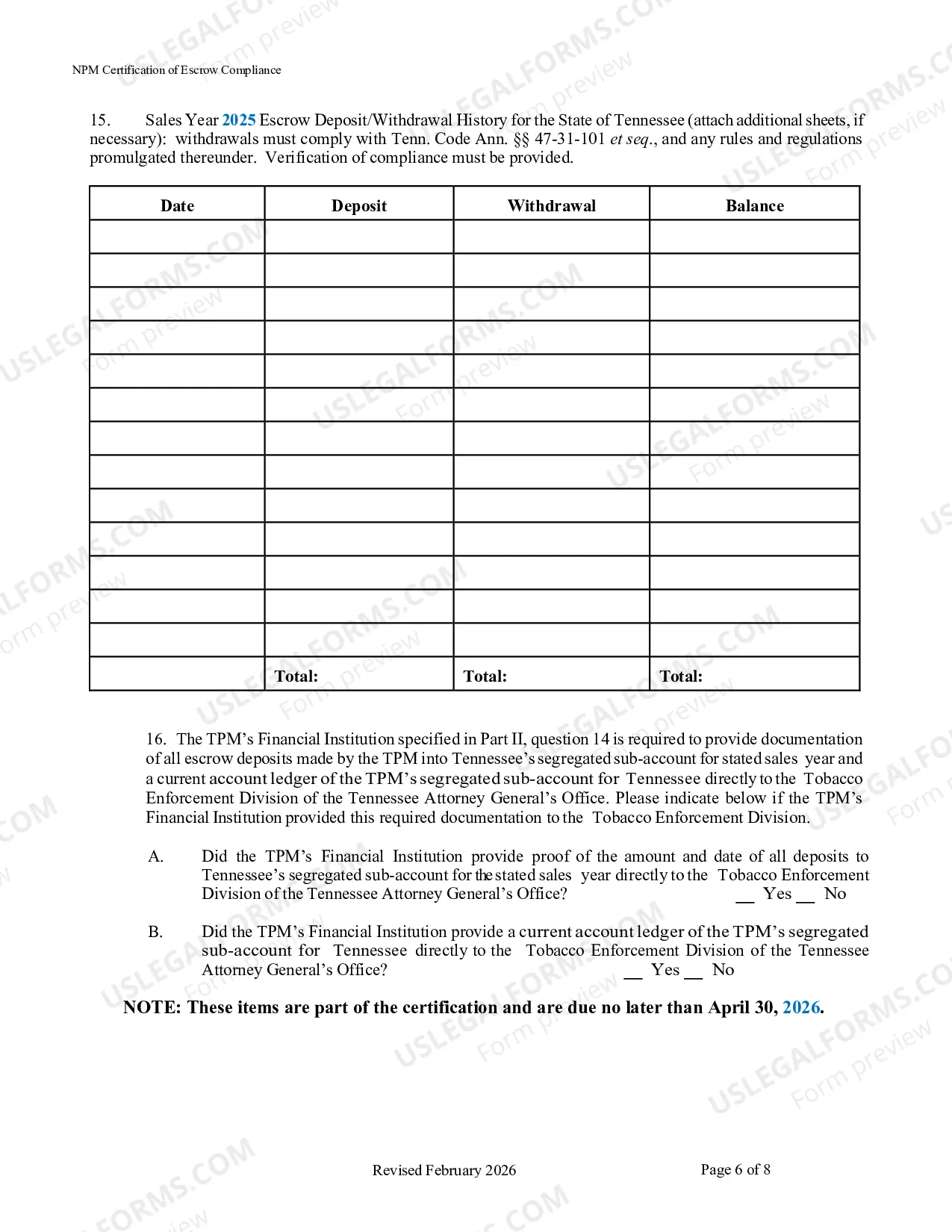 Preview Certification of Annual Escrow Compliance