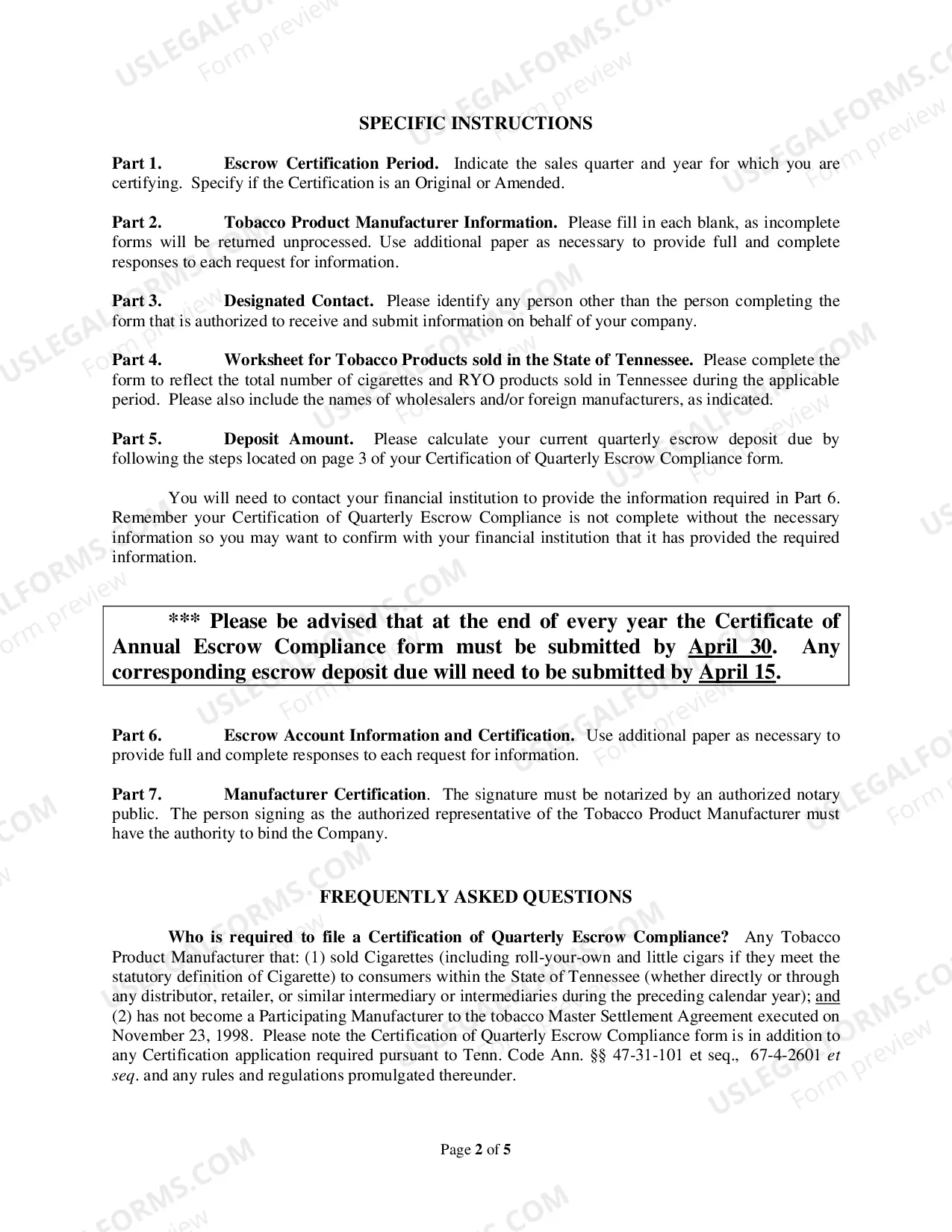Preview Instructions for Quarterly Escrow Compliance