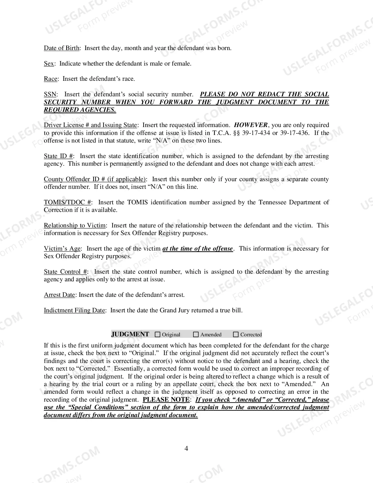 Preview Judgment Document Instructions