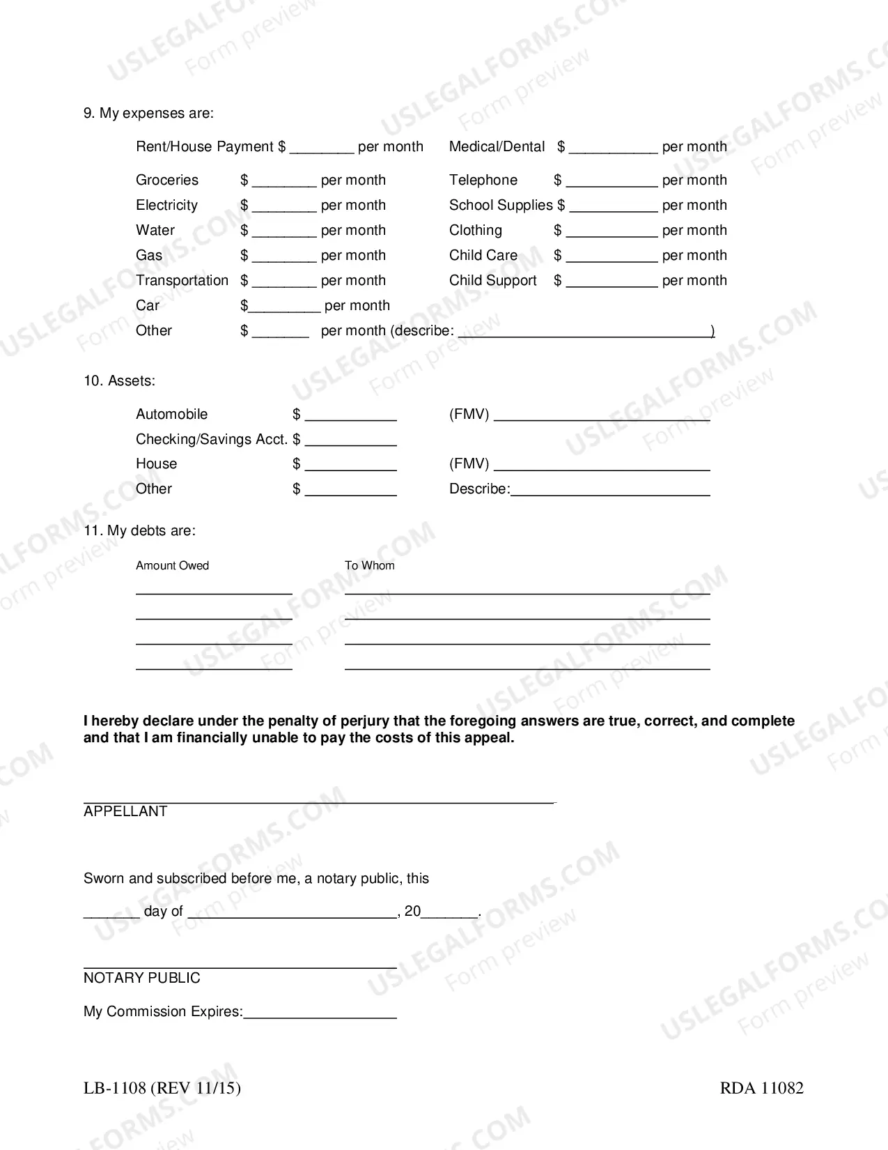Preview Affidavit of Indigency