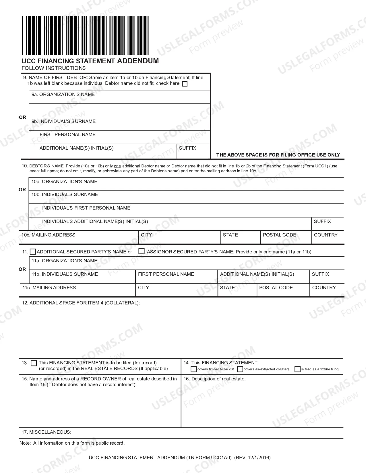Preview Tennessee UCC1-AD Financing Statement