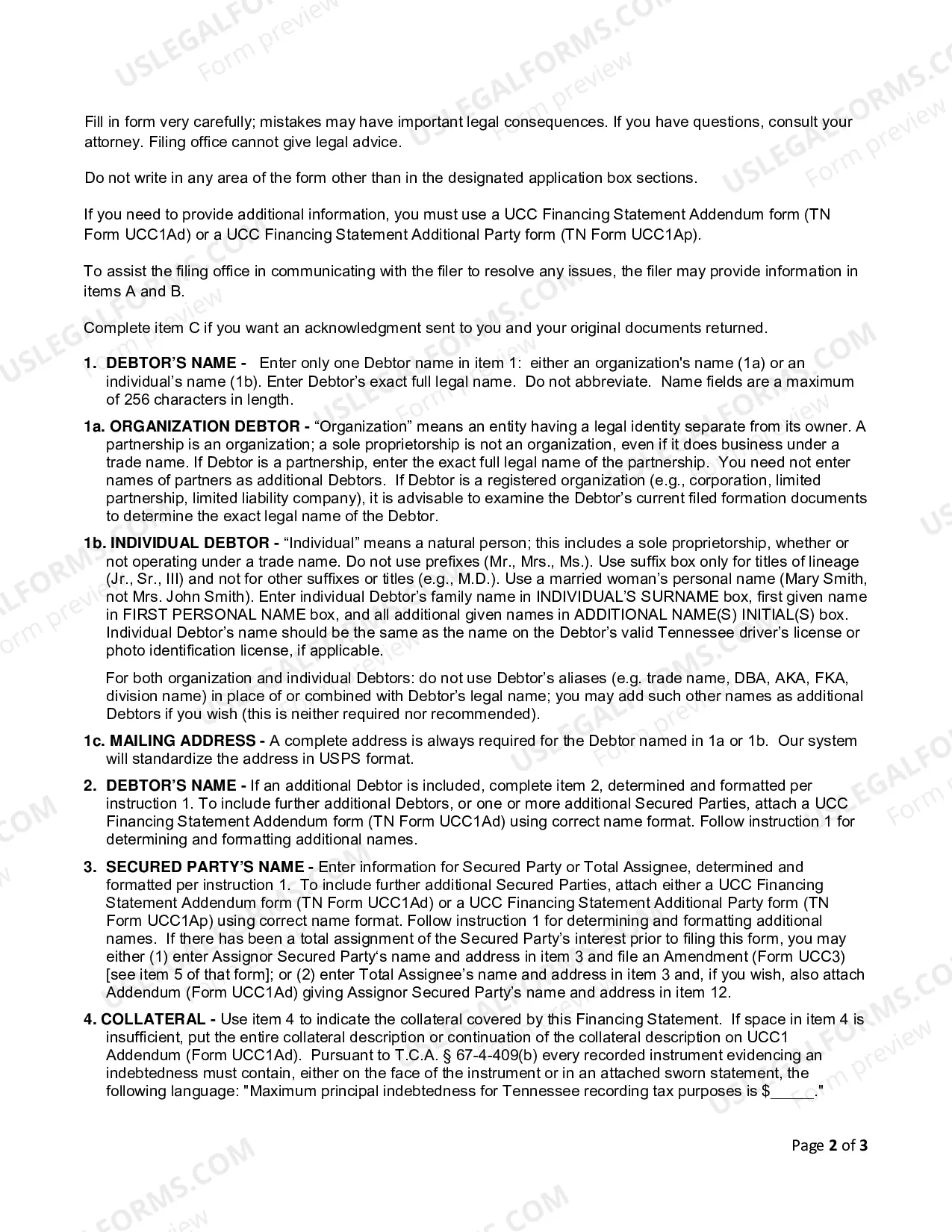 Preview Tennessee UCC1 Financing Statement
