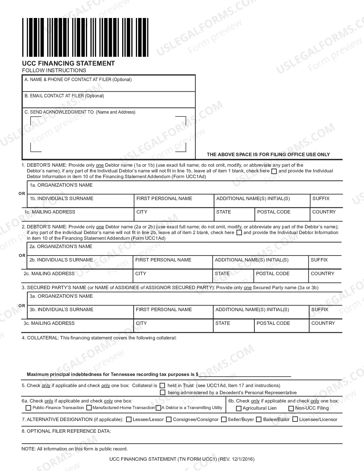 Preview Tennessee UCC1 Financing Statement