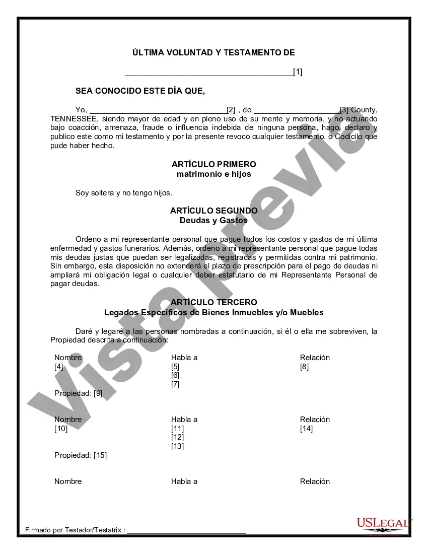 Preview Formulario de última voluntad y testamento legal para persona soltera sin hijos