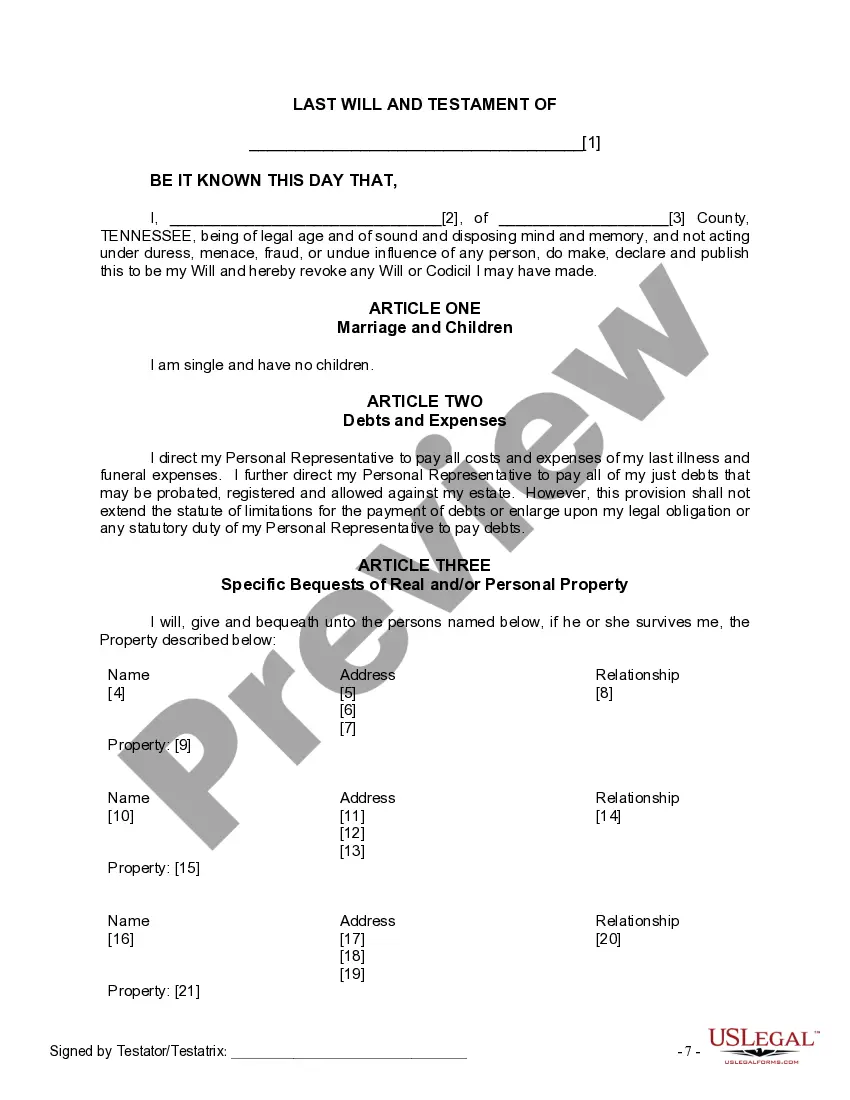 Preview Last Will and Testament for Single Person with No Children
