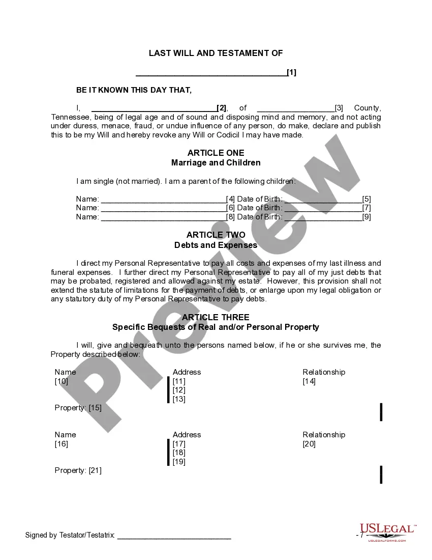 Preview Last Will and Testament for a Single Person with Minor Children