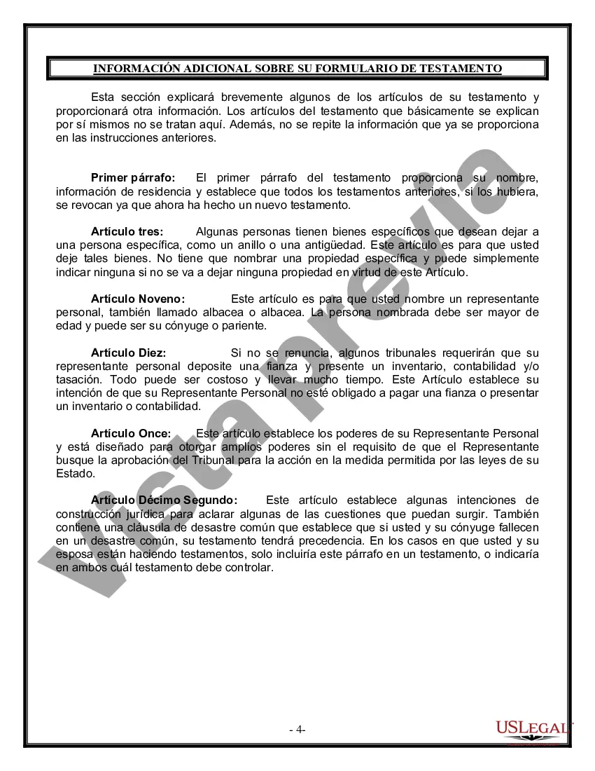 Preview Formulario Legal de Última Voluntad y Testamento para Persona Soltera con Hijos Adultos y Menores
