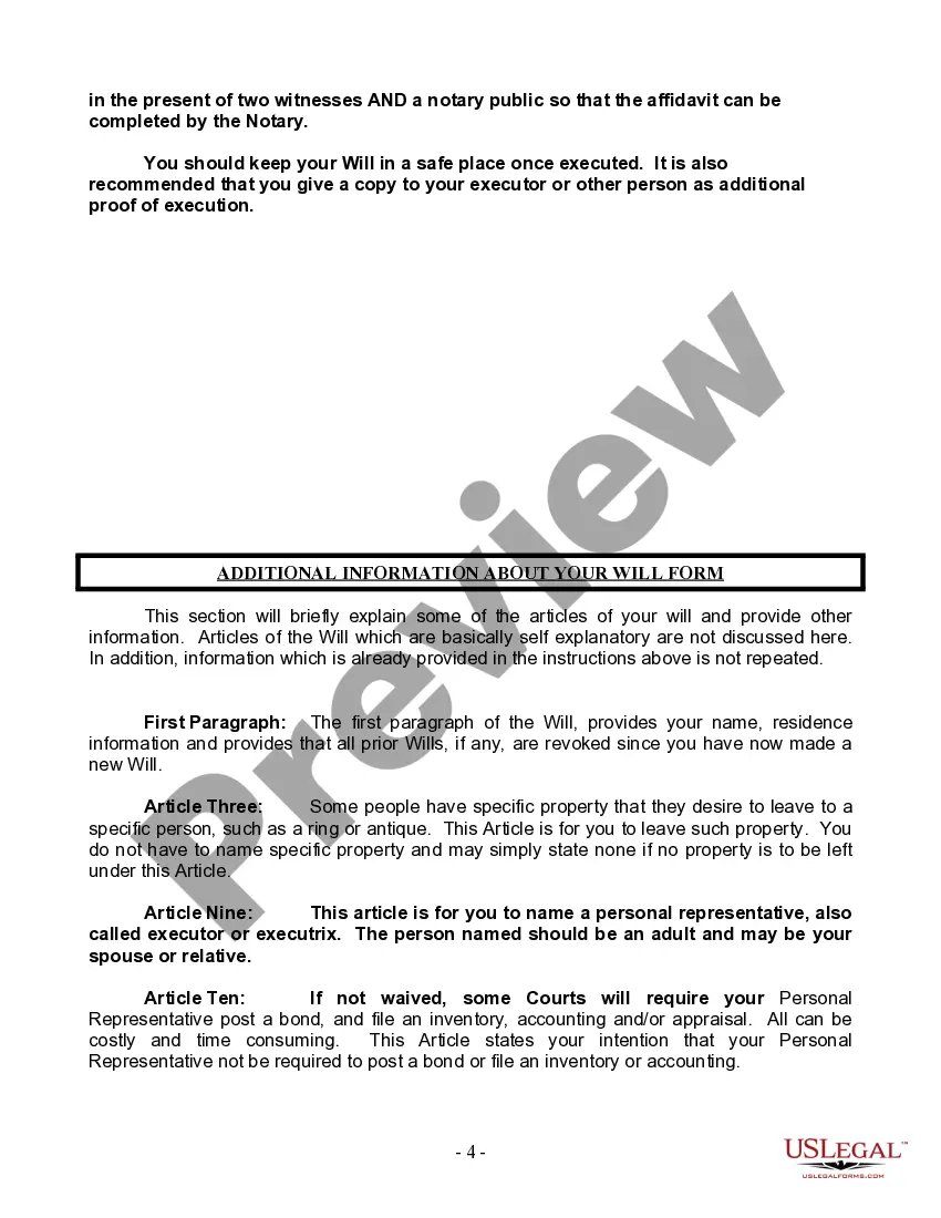 Preview Last Will and Testament for Single Person with Adult and Minor Children