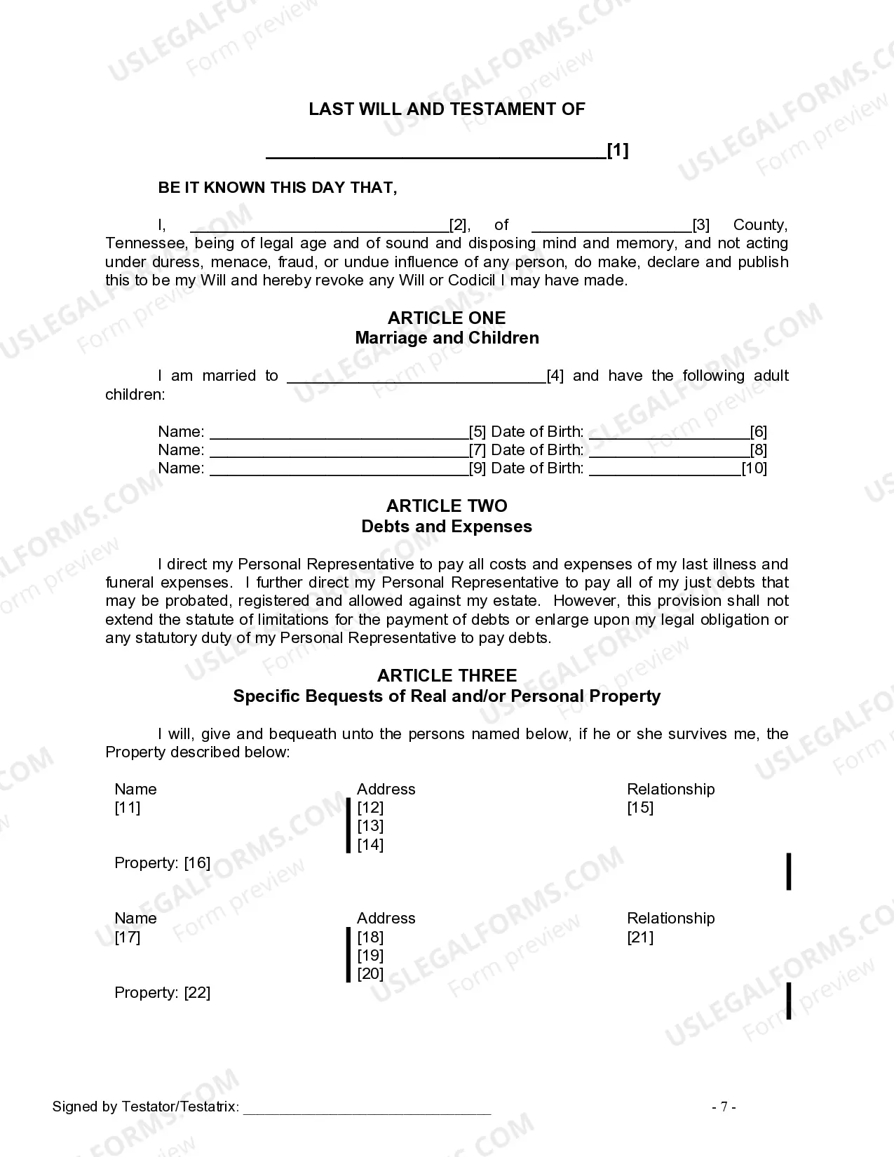 Preview Last Will and Testament for Married person with Adult Children