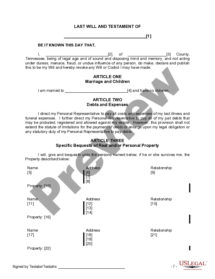 Preview Last Will and Testament for a Married Person with No Children