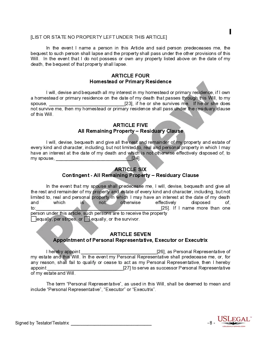 Preview Last Will and Testament for a Married Person with No Children