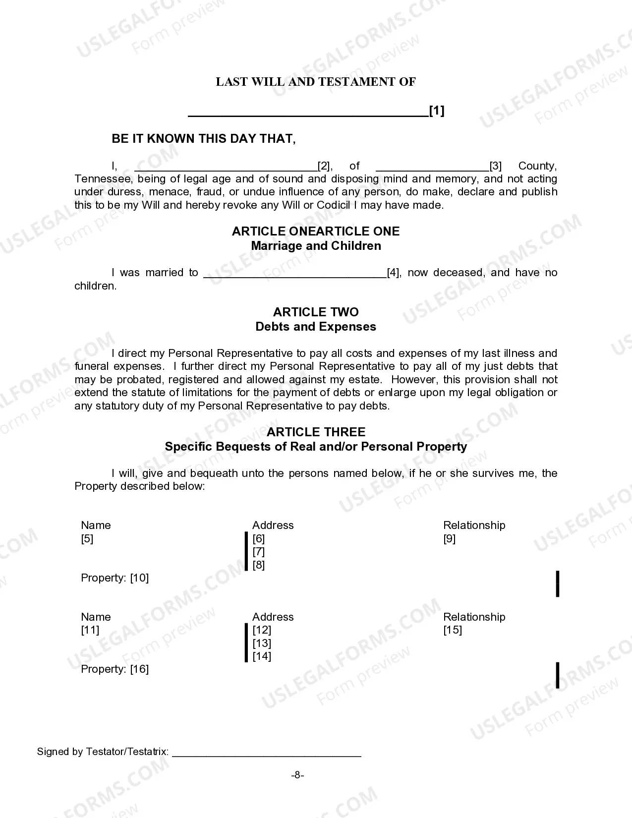 Preview Last Will for a Widow or Widower with no Children