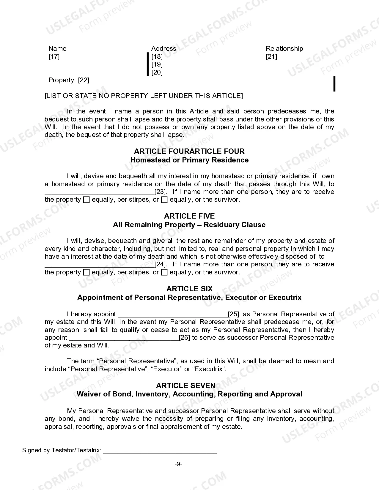 Preview Last Will for a Widow or Widower with no Children