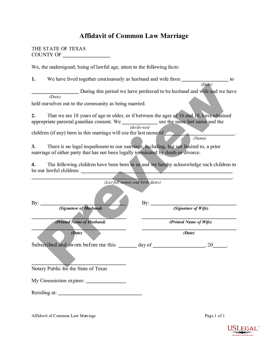 Texas Affidavit of Common Law Marriage Common Law Marriage Affidavit