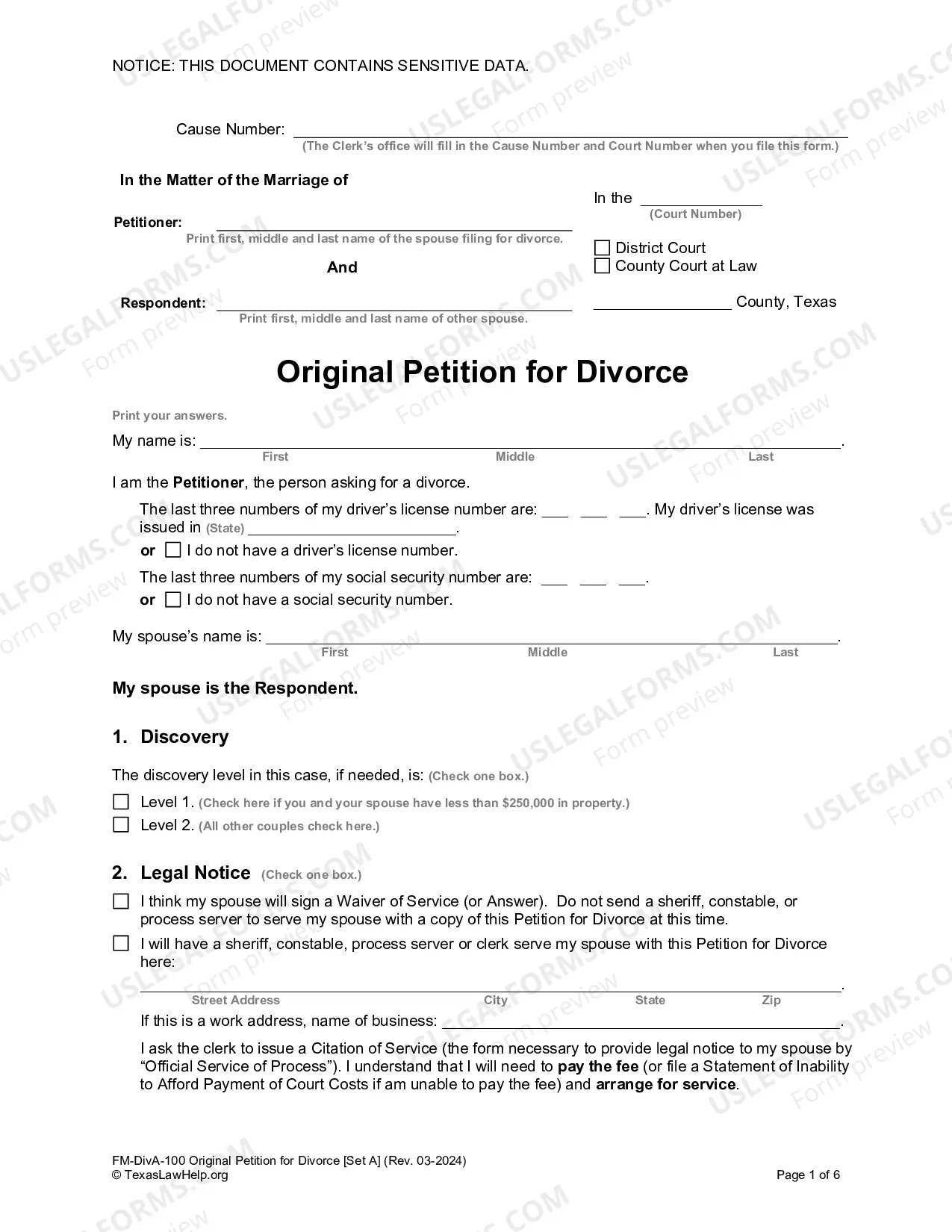 Preview Texas No-Fault Uncontested Agreed Divorce Package for Dissolution of Marriage with Adult Children and with or without Property and Debts
