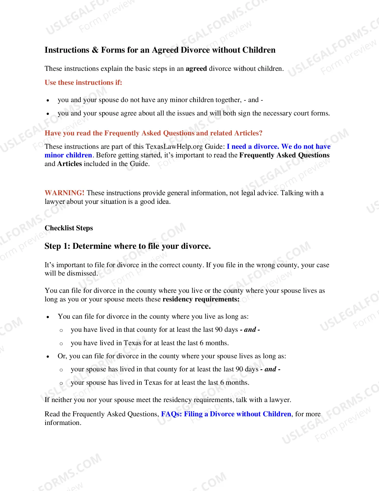 Preview Texas No-Fault Uncontested Agreed Divorce Package for Dissolution of Marriage with Adult Children and with or without Property and Debts
