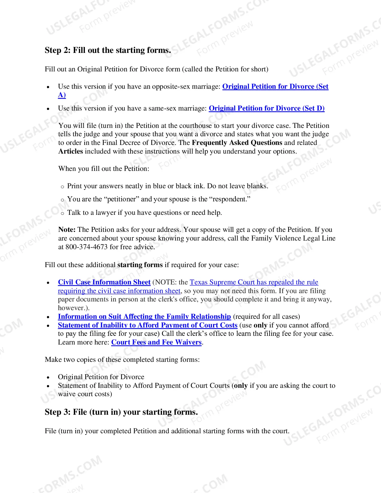 Preview Texas No-Fault Uncontested Agreed Divorce Package for Dissolution of Marriage with Adult Children and with or without Property and Debts
