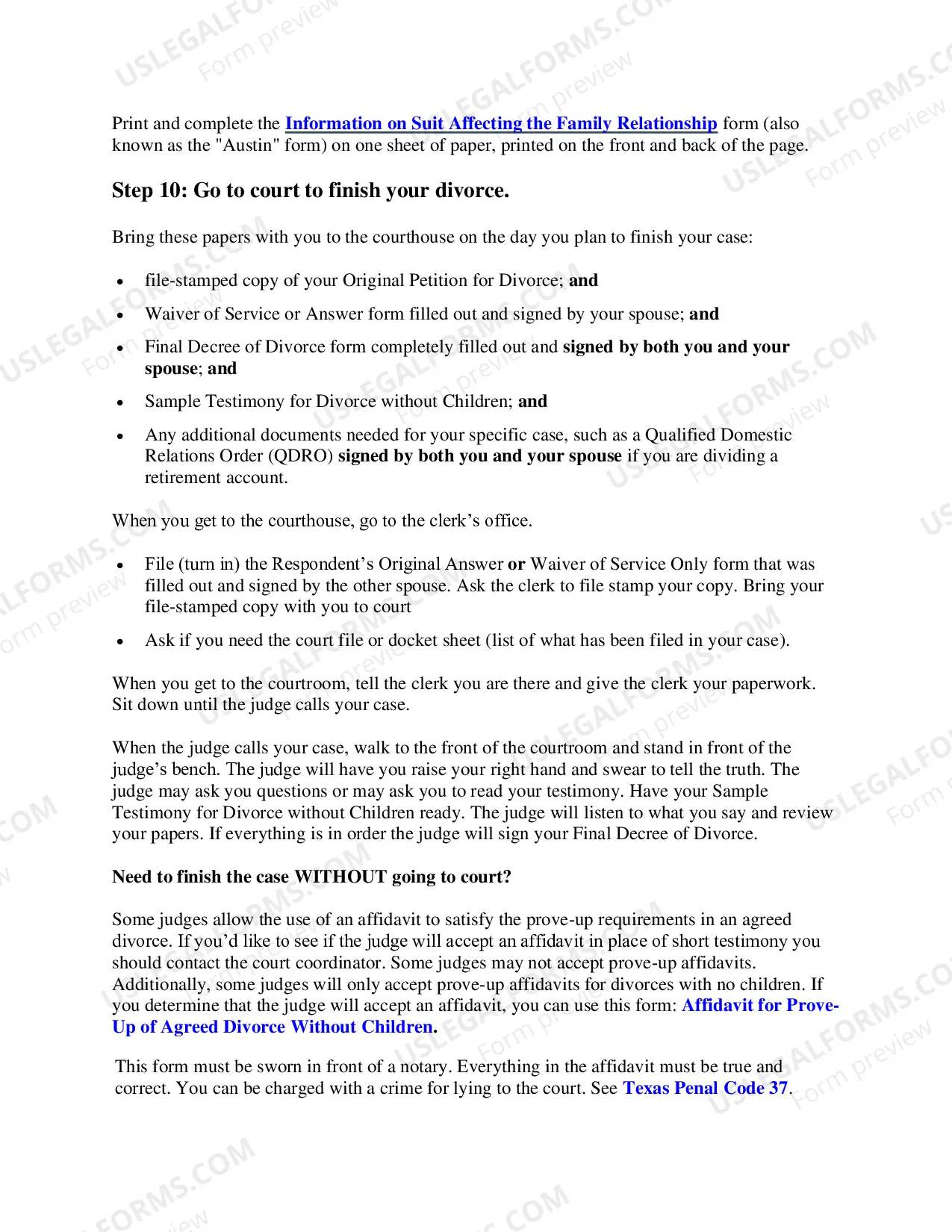 Preview Texas No-Fault Uncontested Agreed Divorce Package for Dissolution of Marriage with Adult Children and with or without Property and Debts