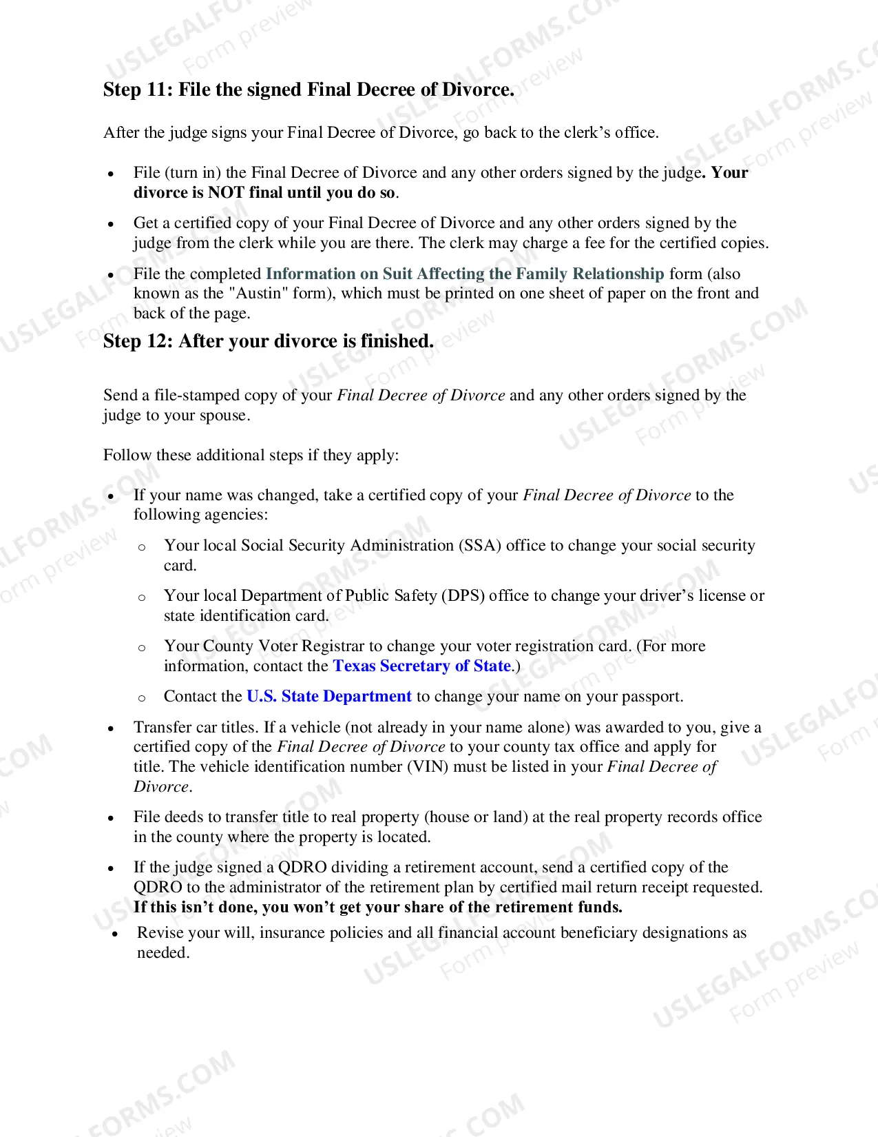 Preview Texas No-Fault Uncontested Agreed Divorce Package for Dissolution of Marriage with Adult Children and with or without Property and Debts