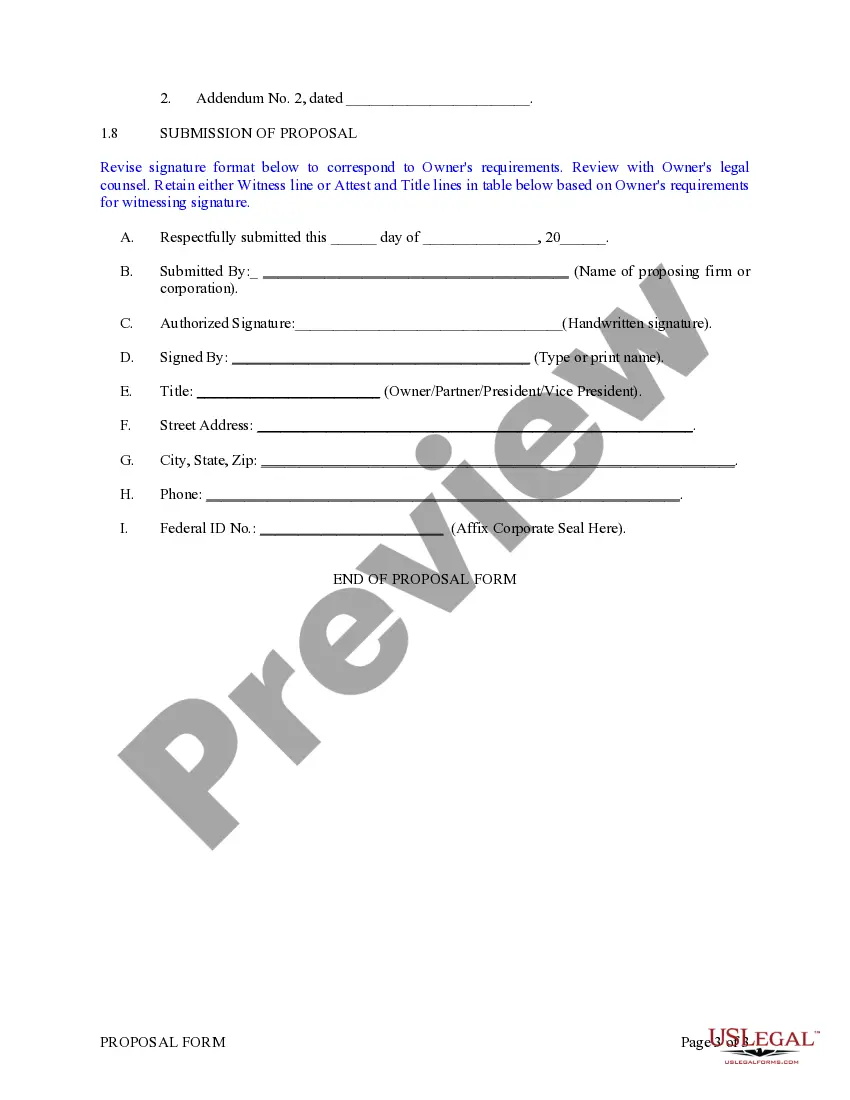 Preview Proposal Form for Stipulated Sum in Single Prime Contract