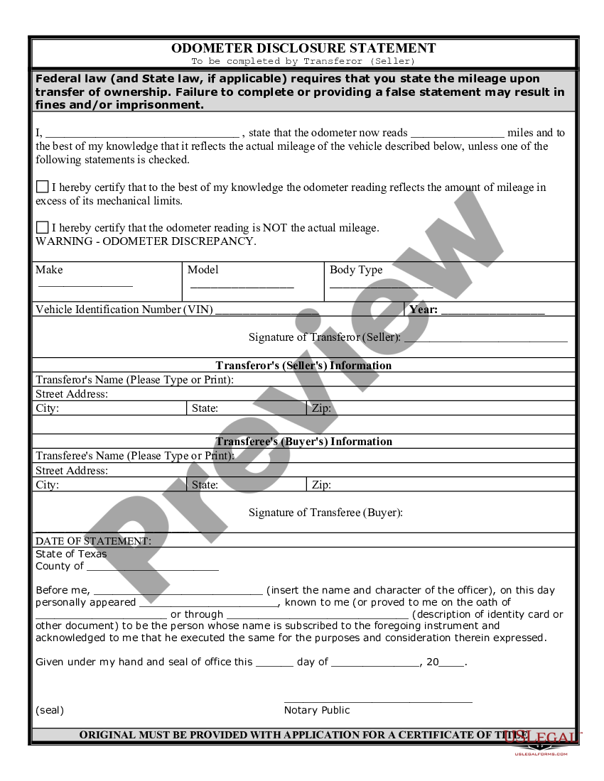 Texas Bill of Sale for Automobile or Vehicle including Odometer