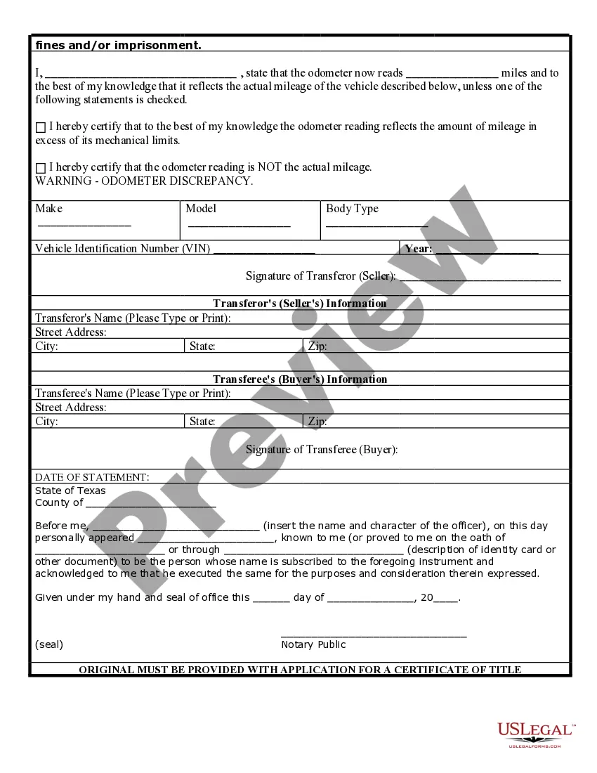 Preview Bill of Sale for Automobile or Vehicle including Odometer Statement and Promissory Note