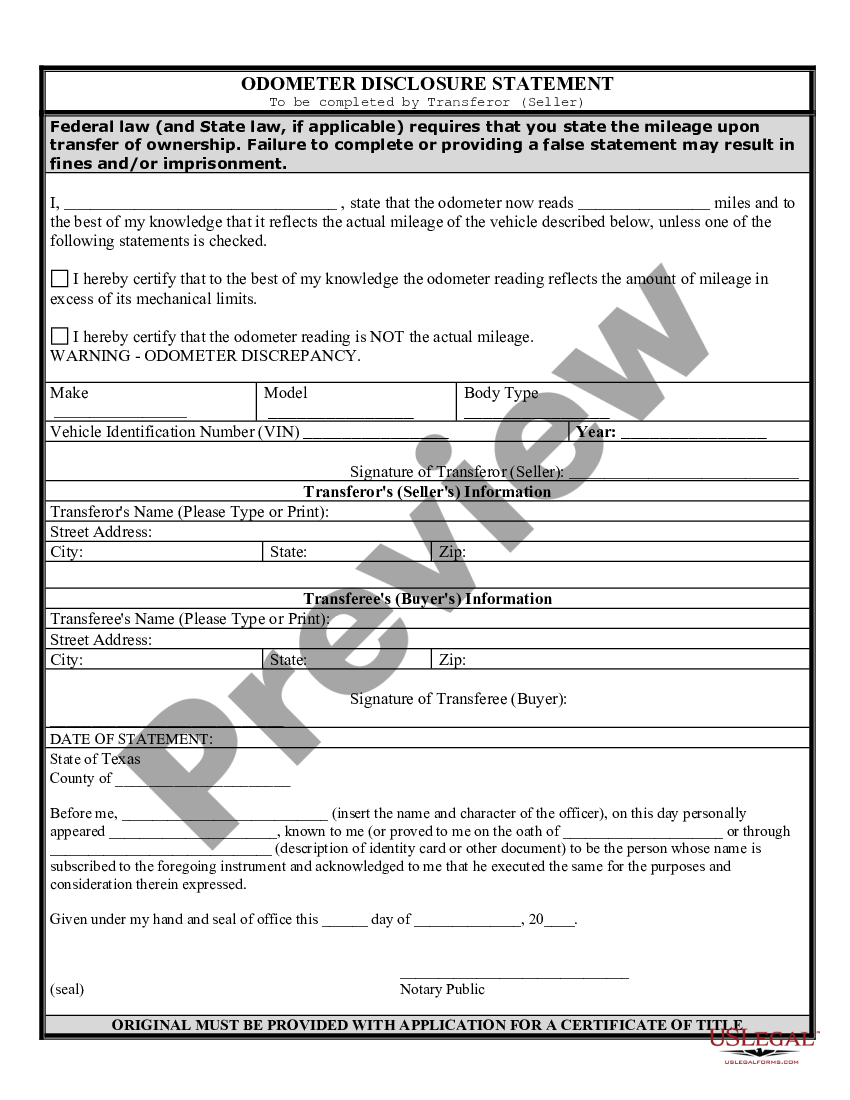 Frisco texas bill of sale of automobile and odometer statement tx