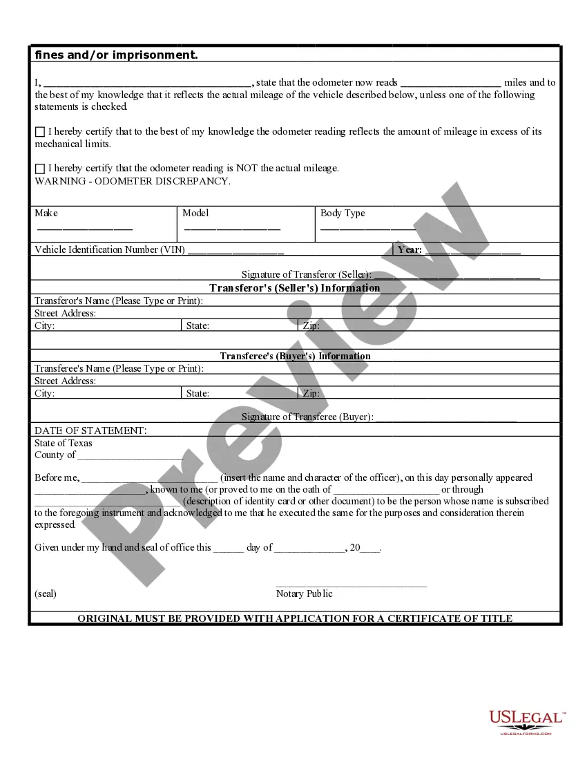 Preview Bill of Sale of Automobile and Odometer Statement for As-Is Sale