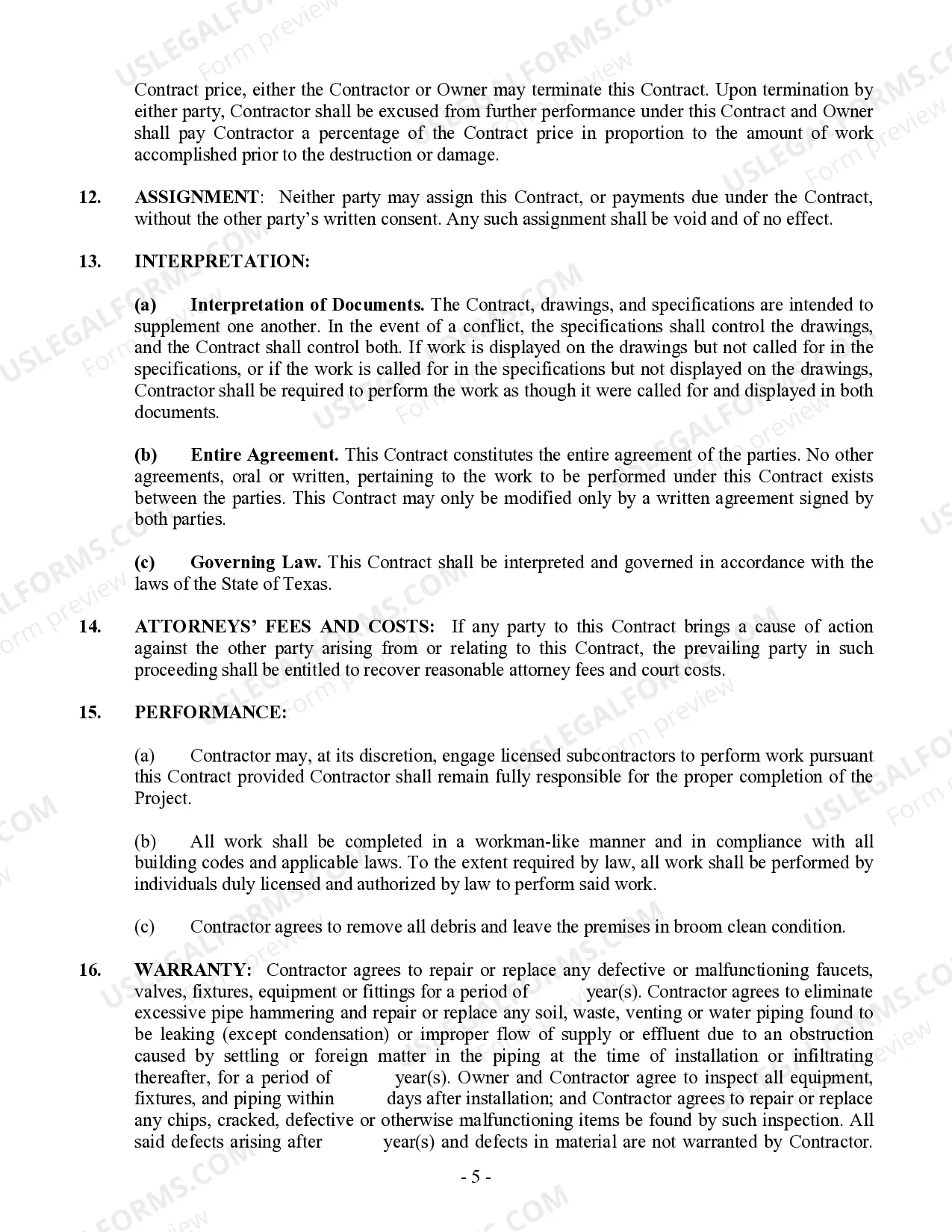 Preview Plumbing Contract for Contractor