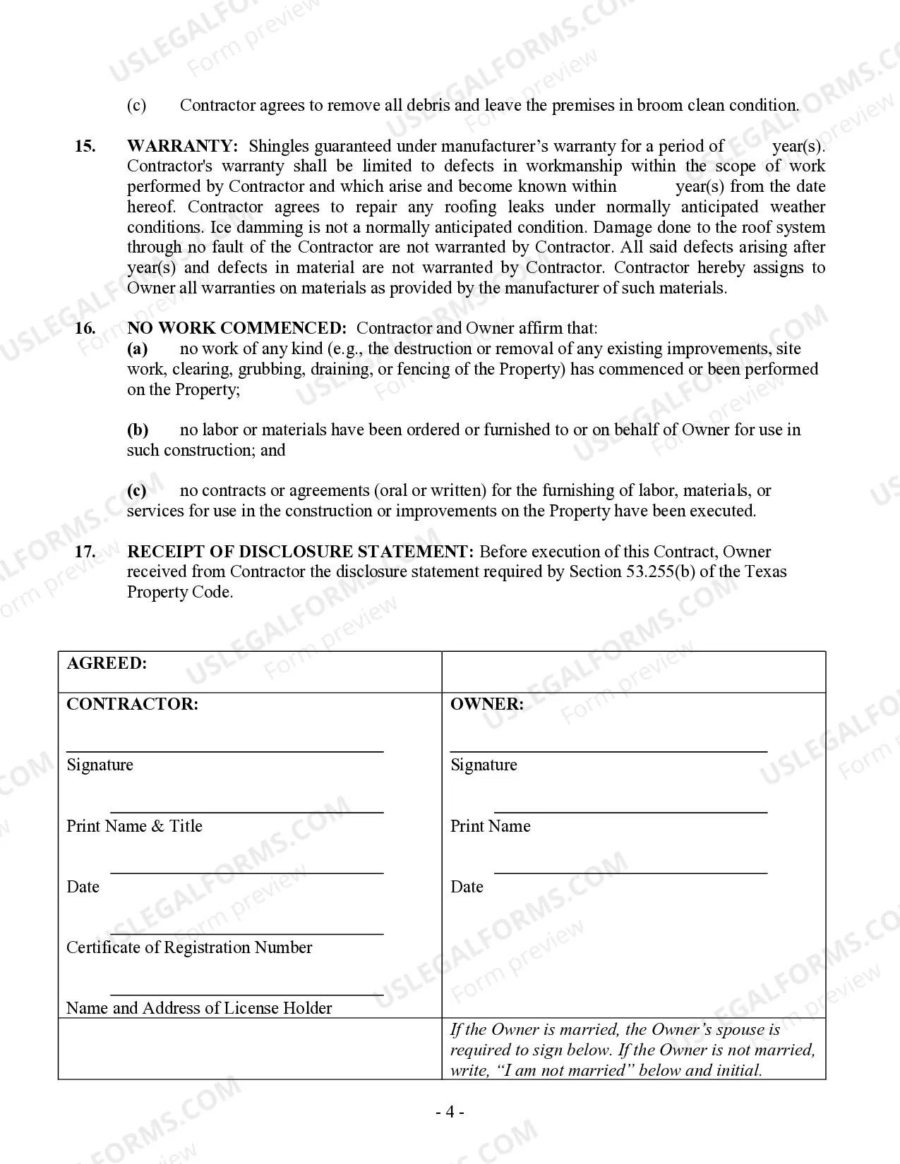 Preview Roofing Contract for Contractor