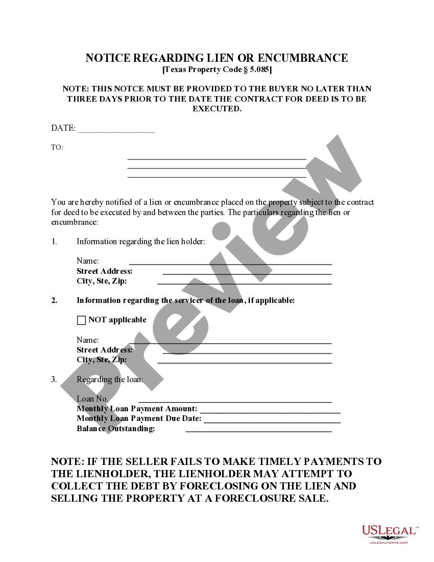 Texas Notice Regarding Lien or Encumbrance Lien Vs Encumbrance US