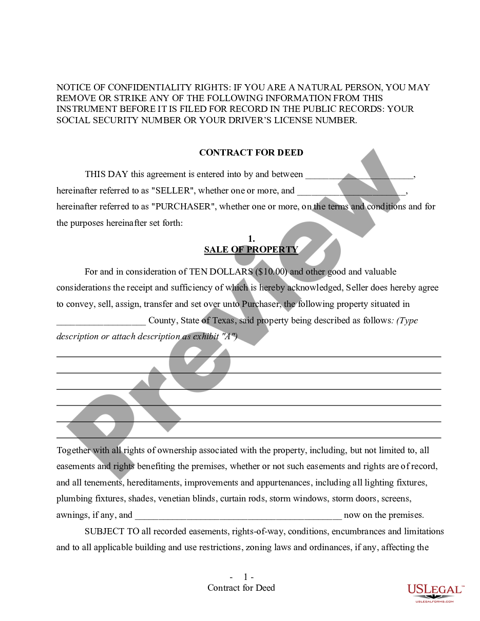 page 1 All Texas Contract for Deed Forms for Residential Use - Land Contract, Agreement for Deed, Executory Contract preview