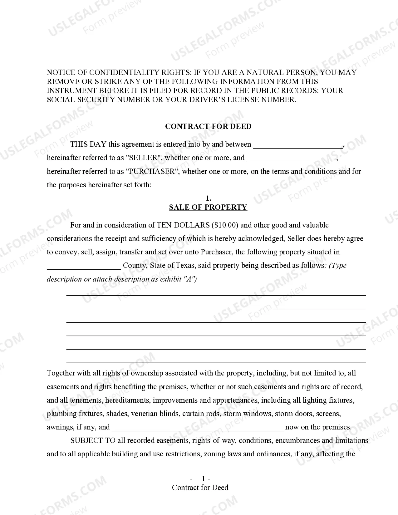 Preview All Texas Contract for Deed Forms for Residential Use - Land Contract, Agreement for Deed, Executory Contract