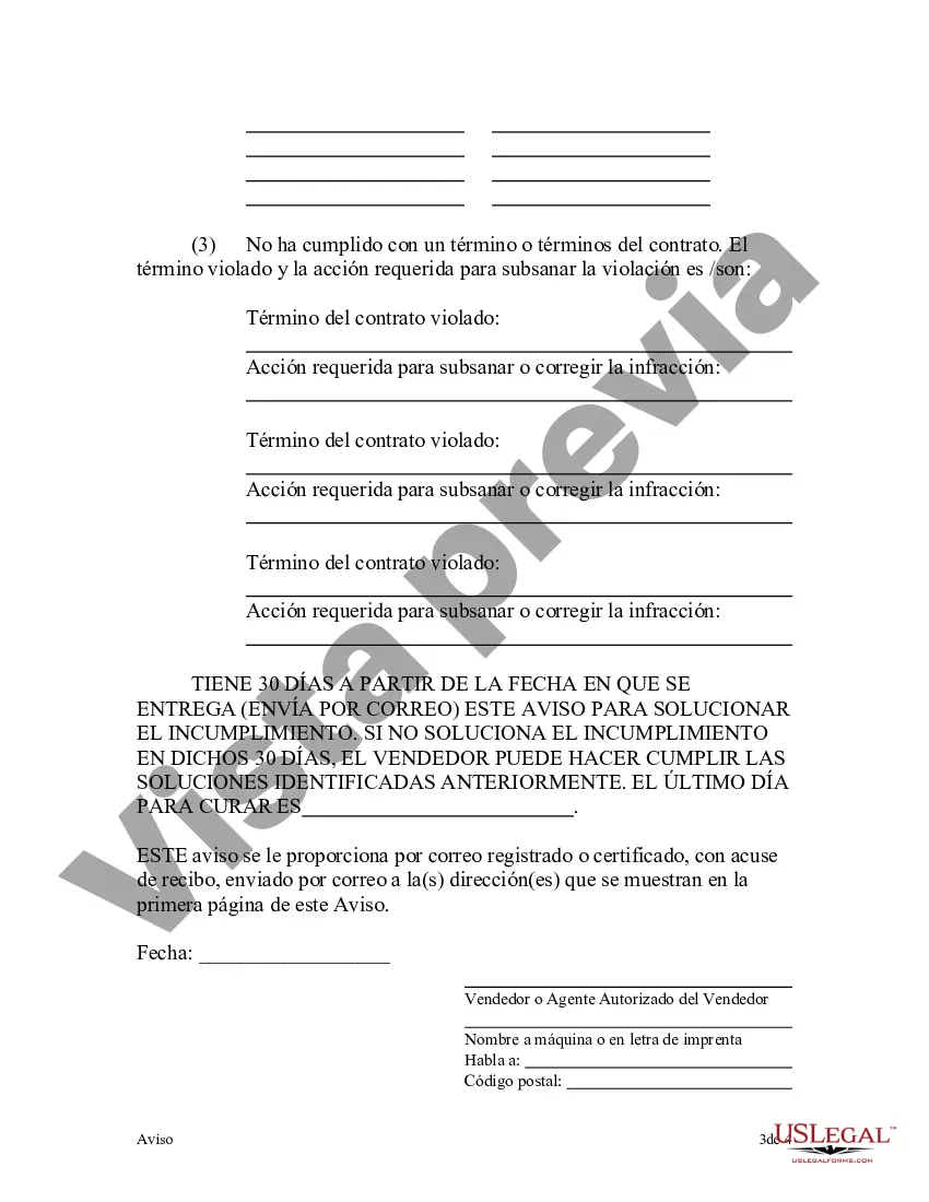 Preview Aviso de incumplimiento del contrato de escritura por parte del vendedor al comprador