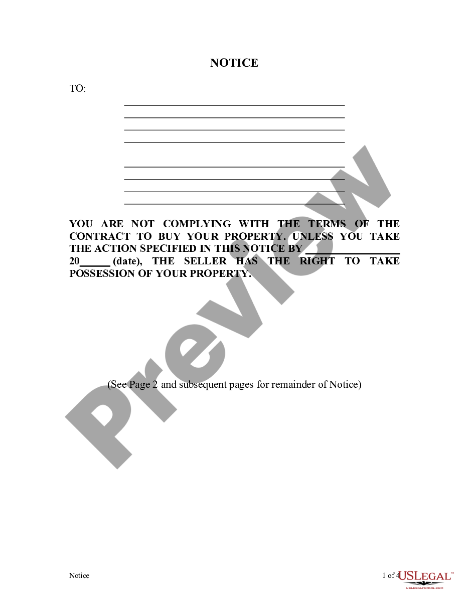 page 0 Contract for Deed Notice of Default by Seller to Purchaser preview