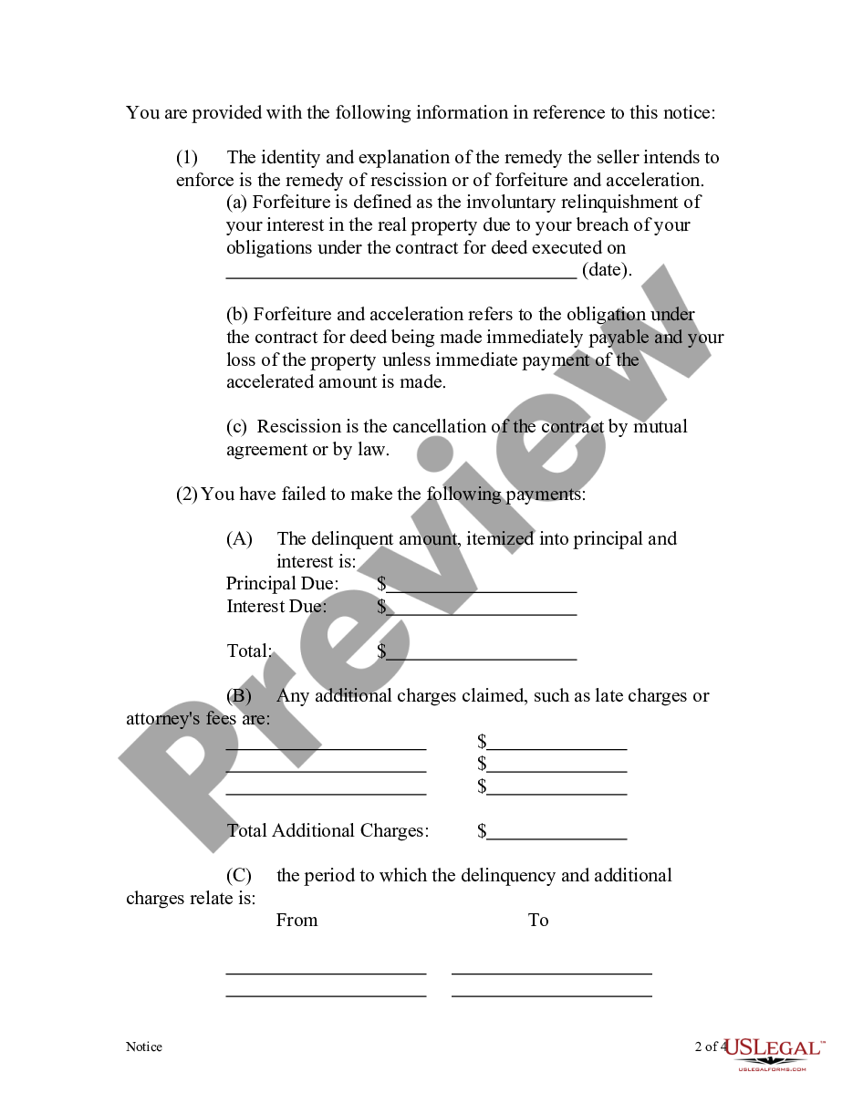 page 1 Contract for Deed Notice of Default by Seller to Purchaser preview