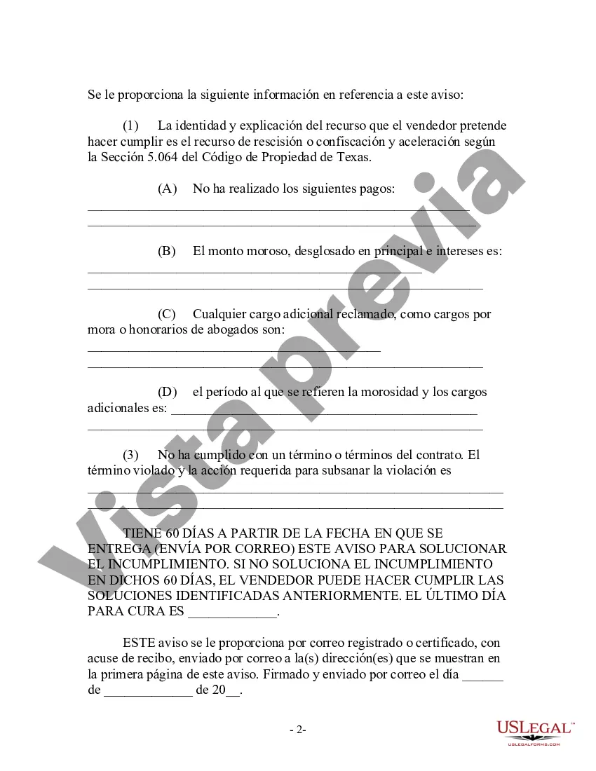 Preview Aviso de incumplimiento del contrato de escritura por parte del vendedor al comprador cuando el comprador pagó el 40 por ciento o realizó 48 pagos