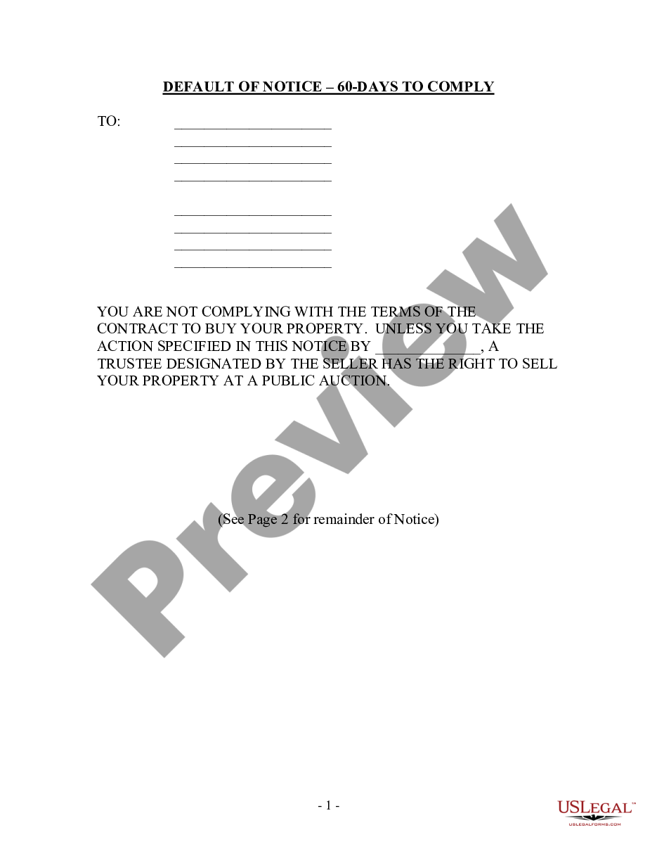page 0 Contract for Deed Notice of Default by Seller to Purchaser where Purchaser paid 40 percent or made 48 payments preview
