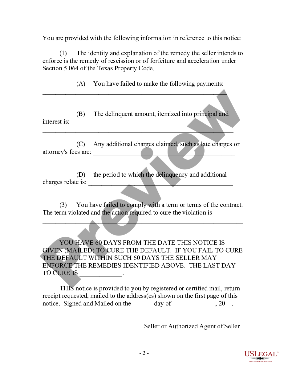 page 1 Contract for Deed Notice of Default by Seller to Purchaser where Purchaser paid 40 percent or made 48 payments preview