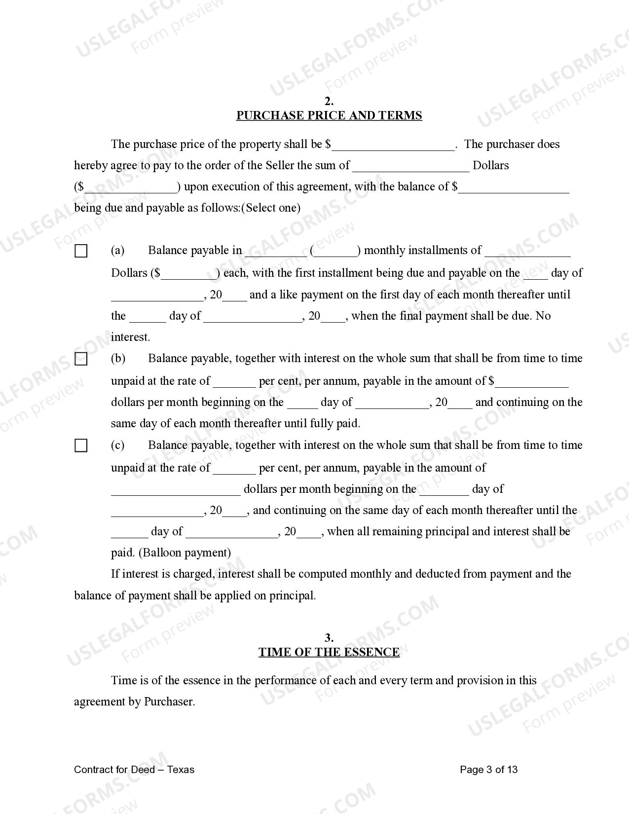Texas Agreement or Contract for Deed a/k/a Land or Executory Contract