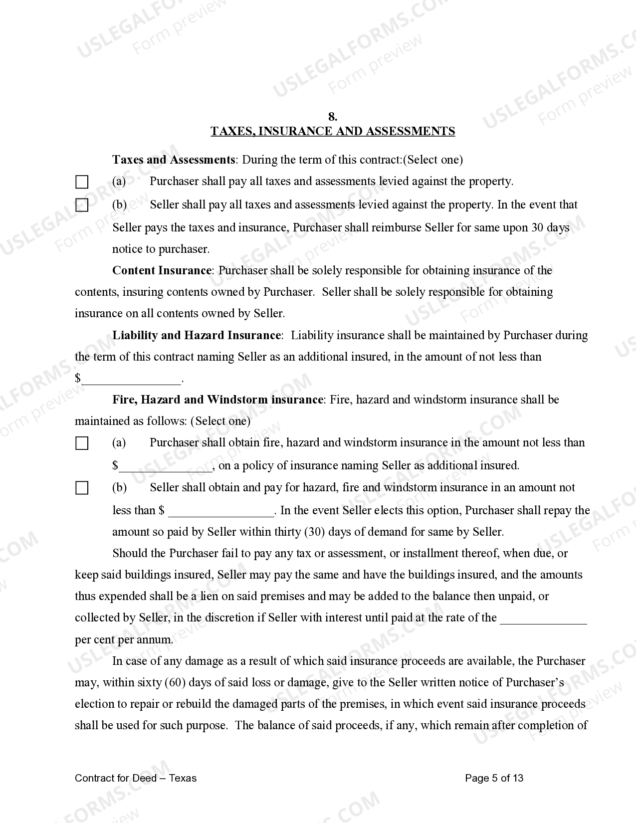 Texas Agreement or Contract for Deed a/k/a Land or Executory Contract