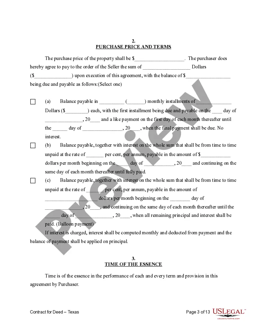 Preview Agreement or Contract for Deed a/k/a Land or Executory Contract - Residential Use Only