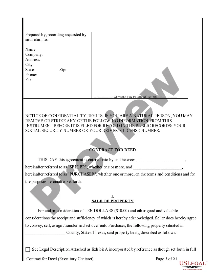 Preview Agreement or Contract for Deed a/k/a Land or Executory Contract - Nonresidential