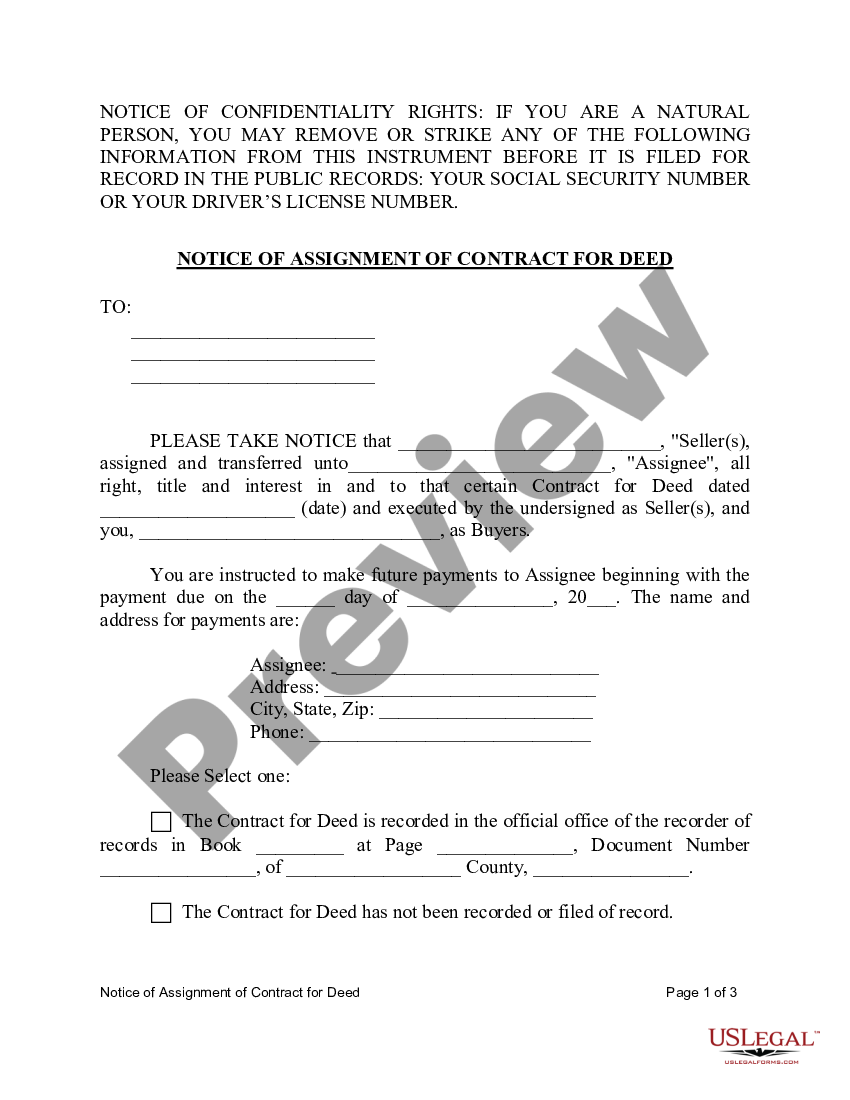 Arlington Texas Notice of Assignment of Contract for Deed | US Legal Forms