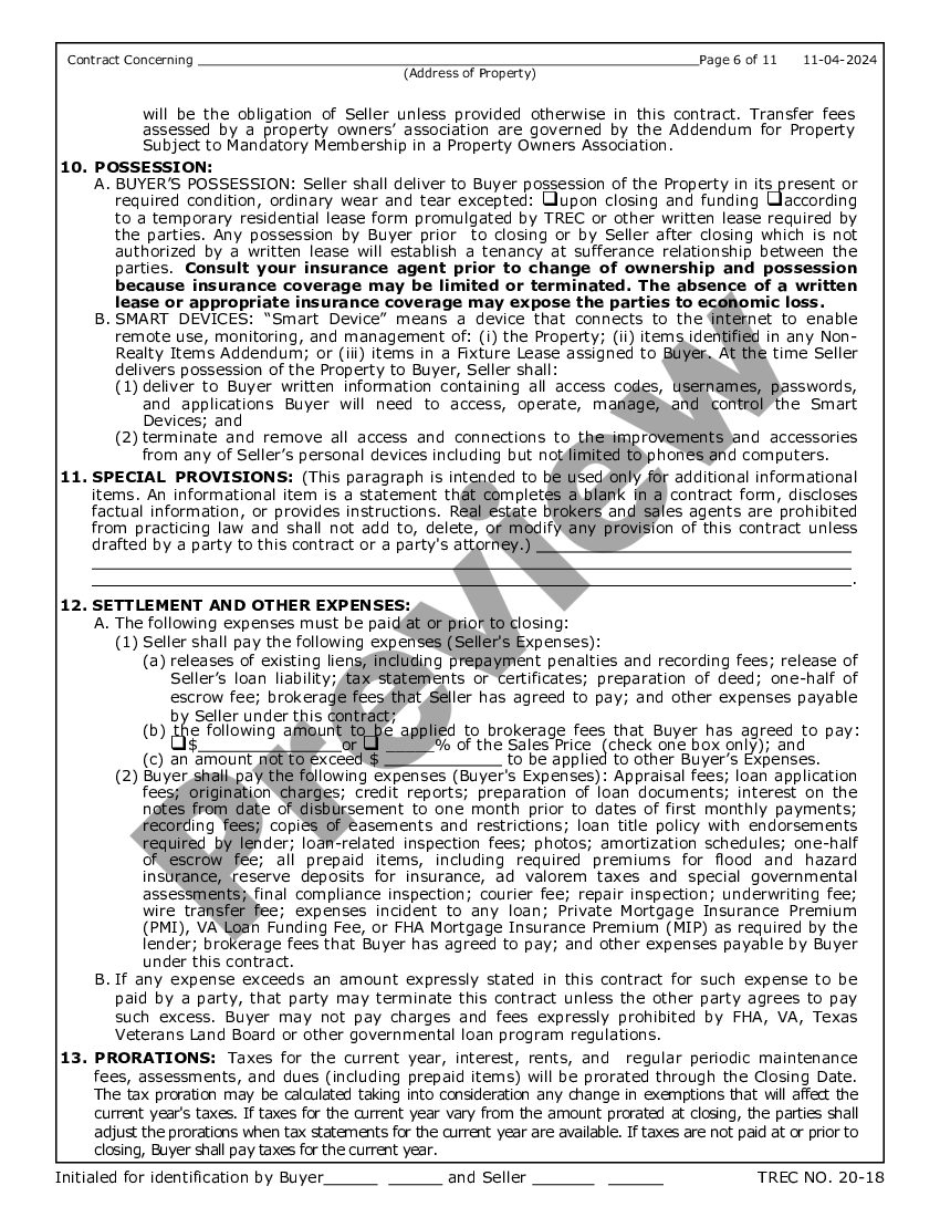 Texas Contract for Sale and Purchase of Real Estate with No Broker for Residential Home Sale