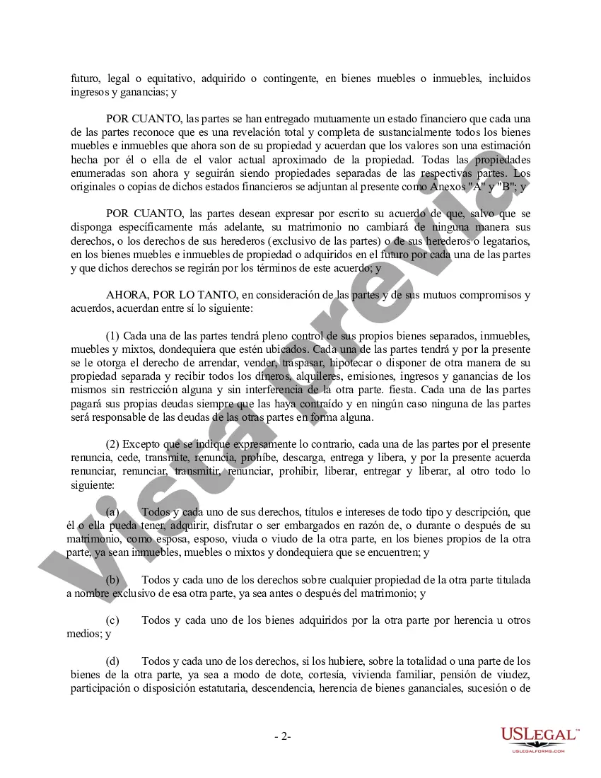 Preview Acuerdo prematrimonial prenupcial de Texas sin estados financieros