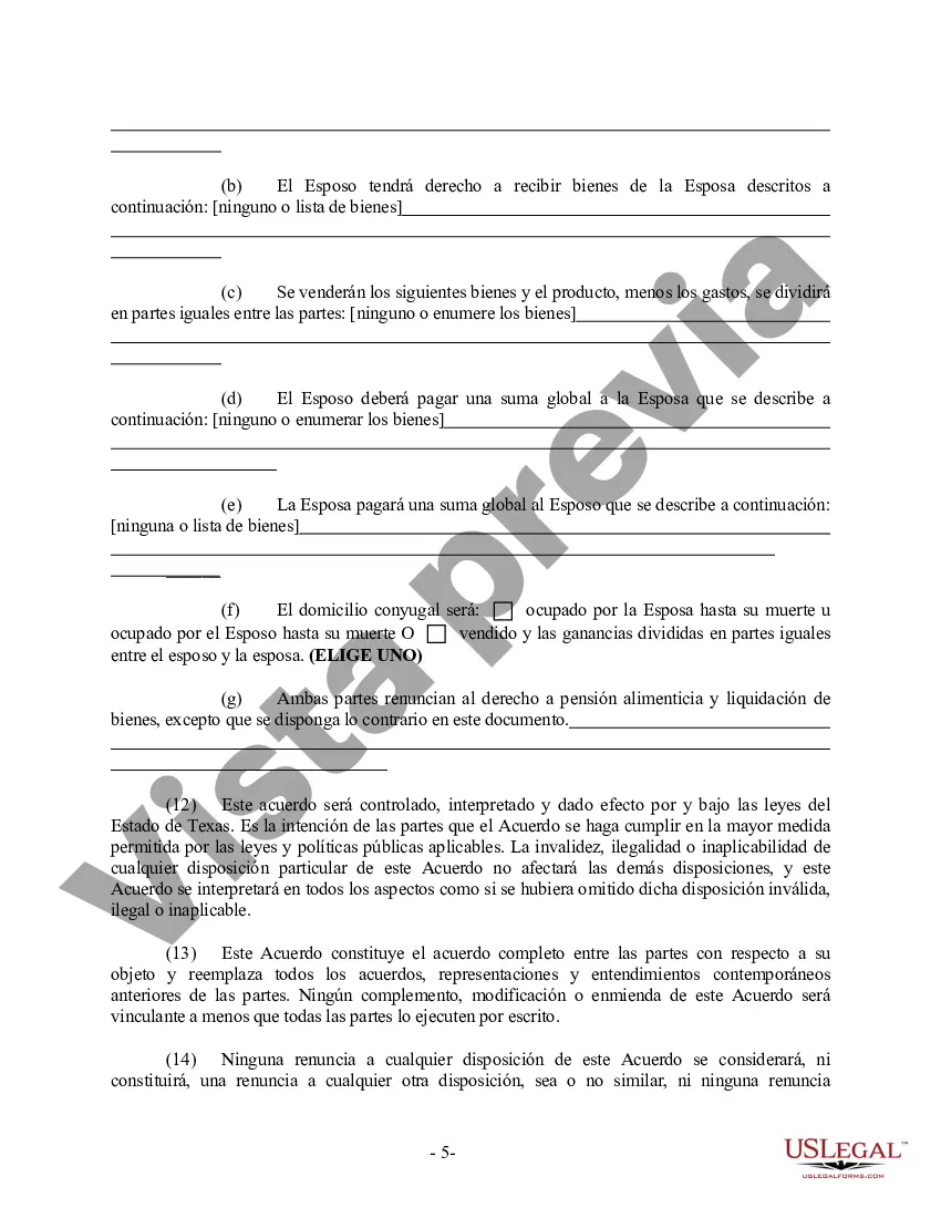 Preview Acuerdo prematrimonial prenupcial de Texas sin estados financieros